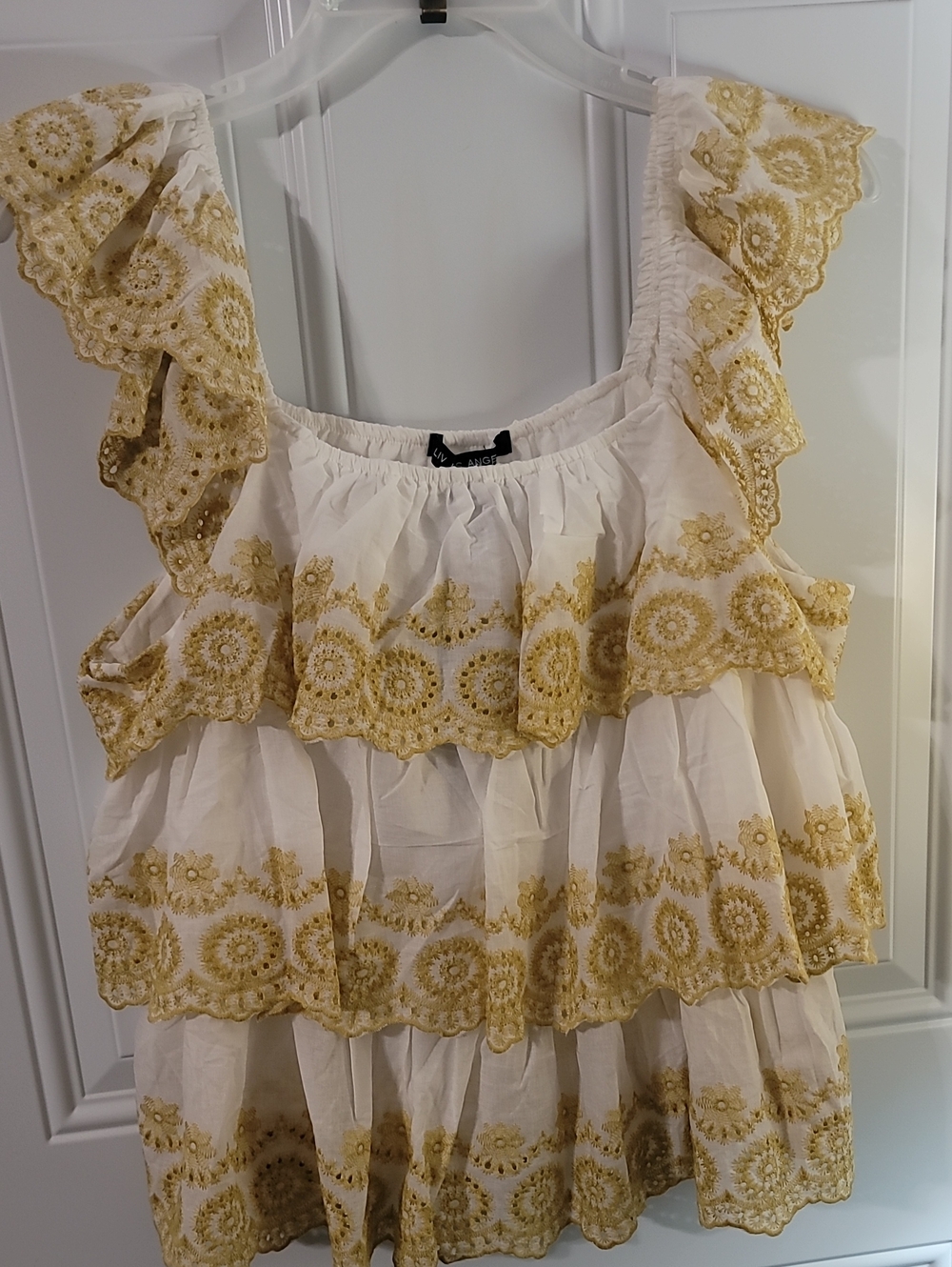 White & Gold Embroidered Ruffle Top